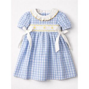 Rylee Faith Designs blue and white gingham smocked dress daisy floral embroidery